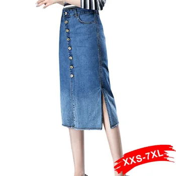 

Plus Size High Waist Single Breasted Gradient Mid Long Denim Jeans Skirts 4Xl 6Xl Split Frayed Bottom Skirt Womens Faldas Mujer