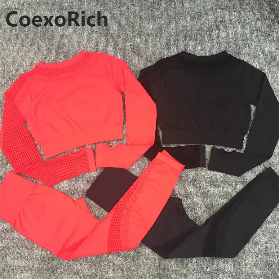 Yoga Set Women Sport Suit Gym Clothes 2 Piece Seamless Hollow Out Fitness Long Sleeve Crop Top High Waist Workout Leggings
