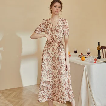 

Elegant Summer Dress Women Casual Chiffon Floral Print Vintage V Neck Long Office Ladies Work Wear Party Vestidos Female Dresses