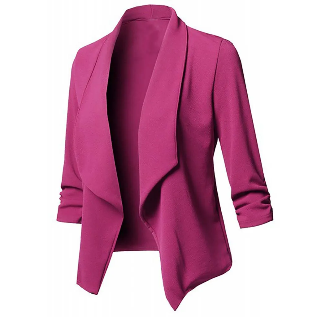 Autumn winter women's Casual long sleeve top Solid color Open Front Fold asymmetry Cardigan Jacket Coat L0808 - Цвет: Hot Pink