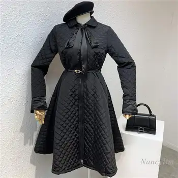 

Plus Size Winter Dress for Women 2020 Autumn Lightweight Quilted Cotton Mid-Length Belt Waist Slim Fit A- Line Warm Dresses
