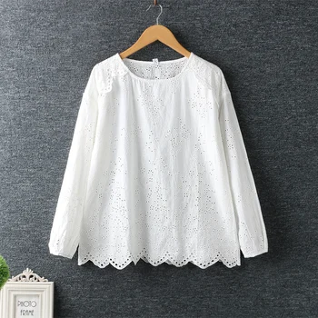

2020 New Spring Women Blouse Mori Girl Cotton and linen Hollow out Embroidery Pullover Top Long Sleeve Loose Women's Shirts