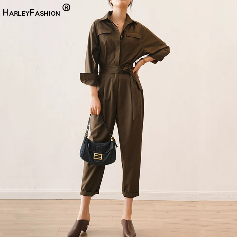 Russian Women High Street Quality Jumpsuits Brown Color Spring Fall Fitness Ankle-length Handsome Slim Jumpsuits with Slash