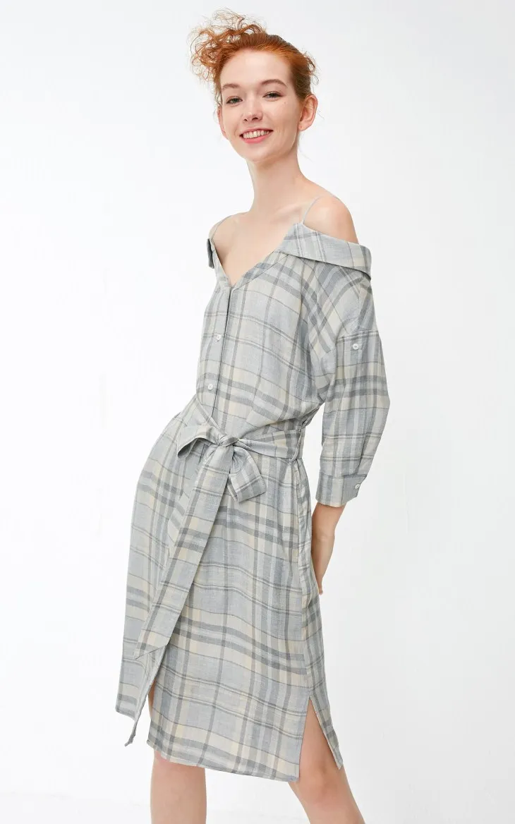 Vero Moda Новое поступление клетчатое платье-комбинация с открытыми плечами и длинными рукавами | 3184SZ502