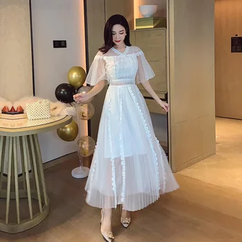 

High Quality Fairy Tulle Lace Trims Patchwork Mesh Long Dress Summer Sweet V Neck Flare Sleeve Hollow Out Maxi Pleated Dress