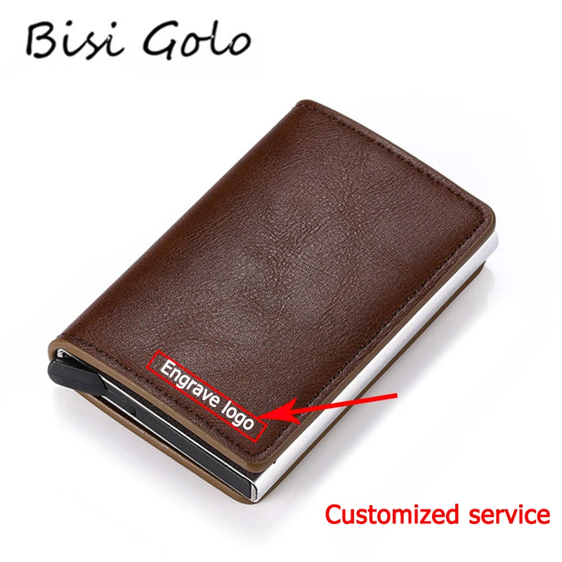 

BISI GORO Engraving Wallet RFID Aluminum Card Holder Customized Name Logo Men Brand PU Mini Wallet Small Money Bag Individuation