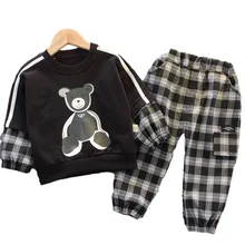 T shirt et pantalon pour enfant en bas âge, nouvelle collection printemps automne pièces/ensembles, vêtements à carreaux pour bébés garçons et filles, survêtement dessin animé 