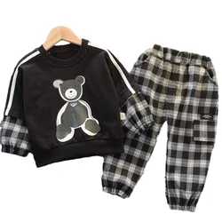 T shirt et pantalon pour enfant en bas âge, nouvelle collection printemps automne pièces/ensembles, vêtements à carreaux pour bébés garçons et filles, survêtement dessin animé 
