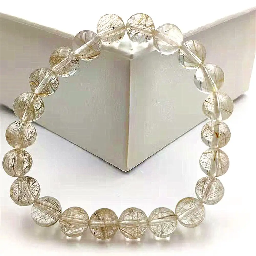 

Genuine Brazil Natural Silver Rutilated Quartz Crystal Round Bead Stretch Bracelet 9mm From Brazil Clear Stone Jewelry AAAAA