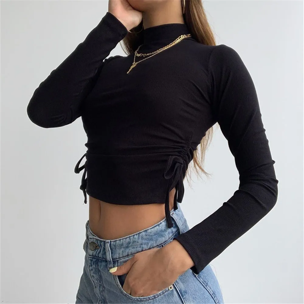 

4 Color Autumn Women Fashion Long Sleeve High Collar Crop Top Stylish Lace-up Drawstring Solid Color Turtleneck T-Shirt