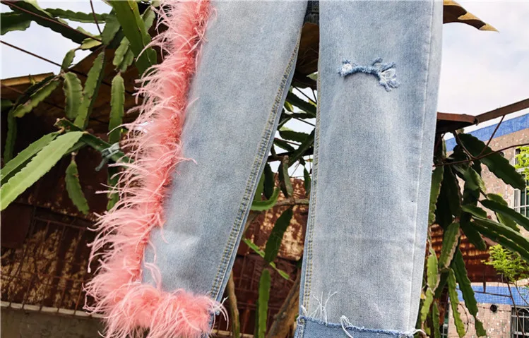 MEVGOHOT, новинка, женские розовые джинсы с перьями страуса, с выемкой, асимметричные, подчеркивающие индивидуальность, мохнатые джинсы-карандаш, высокая талия, HDB10