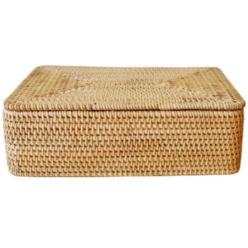 

Autumn Rattan Weave Storage Basket Handmade Clothes Sundries Book Sorting Basket Square with Cover