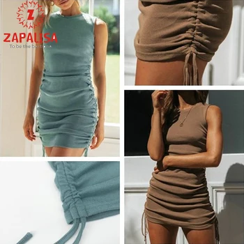 

Fashion Women Summer Solid Color Sleeveless Pencil Dress Drawstring Design O-Neck High Waist Solid Color Slim Hips Mini Dress