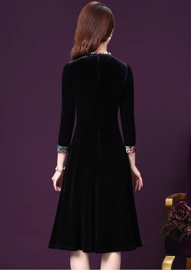 Spring Fall Vintage Women Floral Patchwork Pleated Black Velour Dress, Woman Autumn 4xl 3/4 Sleeve Irregular Velour Dresses