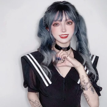 

HUAYA Natural Wavy Long Hair Blue Gray Ombre Synthetic Wigs for Women Cute Girl Fluffy Daily Party Lolita Cosplay Wig