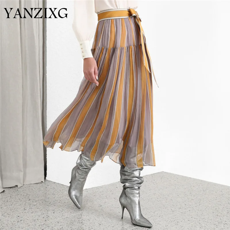 Контраст в полоску с завышенной талией пояс сплайсинга плиссированные женские шифоновые юбки Повседневный для шутника Простой моды Осень S410