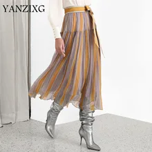 Контраст в полоску с завышенной талией пояс сплайсинга плиссированные женские шифоновые юбки Повседневный для шутника Простой моды Осень S410