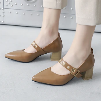 

Plus Size 34-46 High Heels Shoes Women Mary Janes Shoes Thick High Heel Pumps Autumn Fall Footwear Black Apricot Casual Shoes