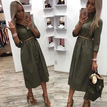 

Women Casual Sashes a Line Party Dress Ladies Button Turn Down Collar OL Style Shirt Dress 2020 Summer Solid Knee Dress