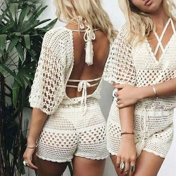 

Bohemia Style Holiday Beach Cover Up Jumpsuit Women V-Neck Backless Hollow Bikini Bodysuit