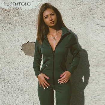

Lugentolo Women Jumpsuit Spring Autumn New Solid Color Long-sleeved Hooded Sports Slim Fashion Jumpsuits