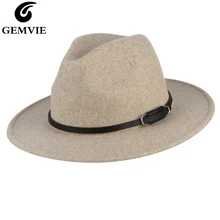 GEMVIE новая шерстяная фетровая шляпа с широкими полями для женщин новая теплая Осенняя зимняя Панама джазовая шляпа Кепка с пряжкой кожаный ремешок