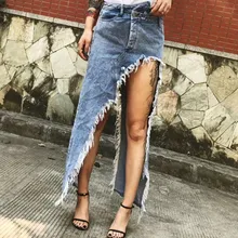 Женская джинсовая юбка с бахромой, повседневная, высокая уличная, асимметричная, прямая, летняя, высокая талия, джинсовая юбка