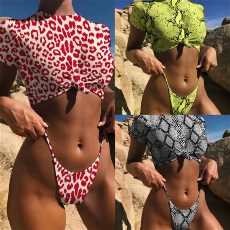 

Sexy Women Leopard Snake Printed Bikini Set Swimming Costume Padded Bra Crop Top Swimwear Bikini Set Swimsuit Bathing Suit