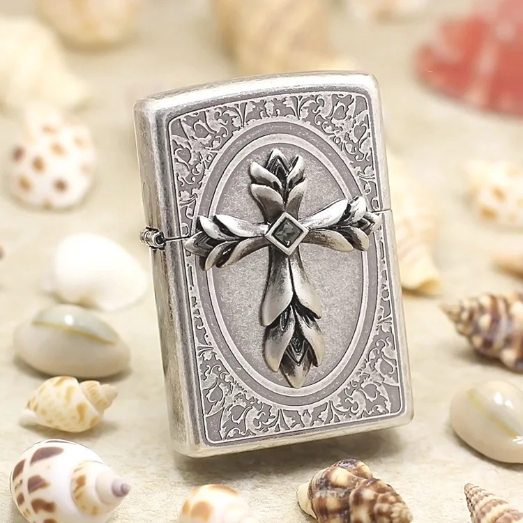 

Genuine Zippo oil lighter copper windproof Ancient silver Cross cigarette Kerosene lighters Gift With anti-counterfeiting code