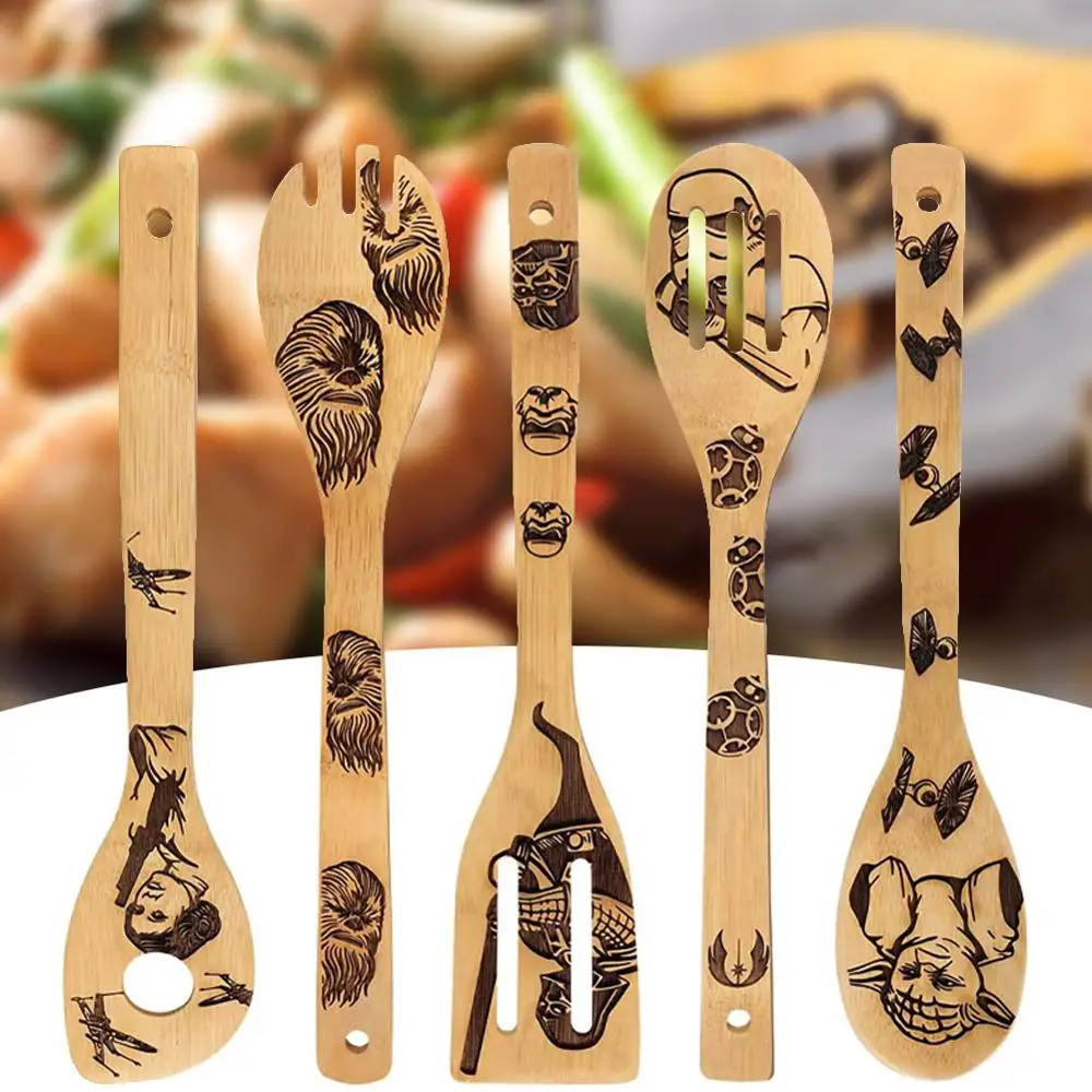 

5PCS Halloween Bamboo Wood Wok Shovels Slotted Spatula Spoon Mixing Holder Cooking Utensils Dinner Kitchen Shovels Supplies CSV