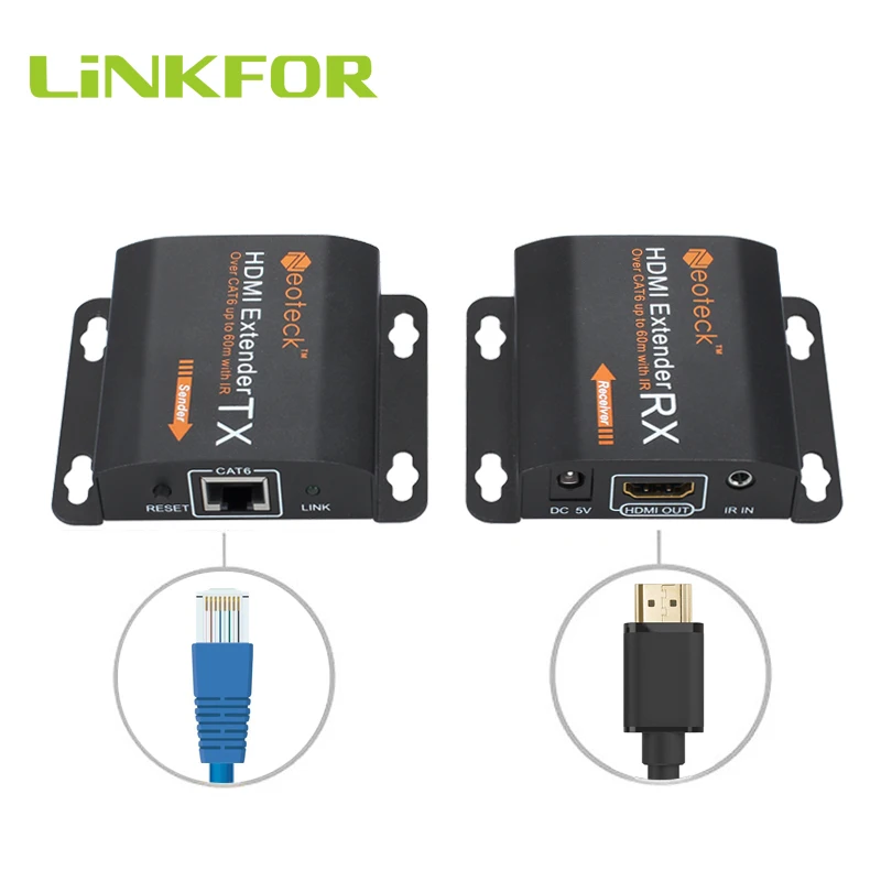 LiNKFOR HDMI удлинитель 1080P 60m HDMI расширители hdmi-повторитель по одному Cat 6 Cat 7 Ethernet кабели с ИК-функцией RX/TX