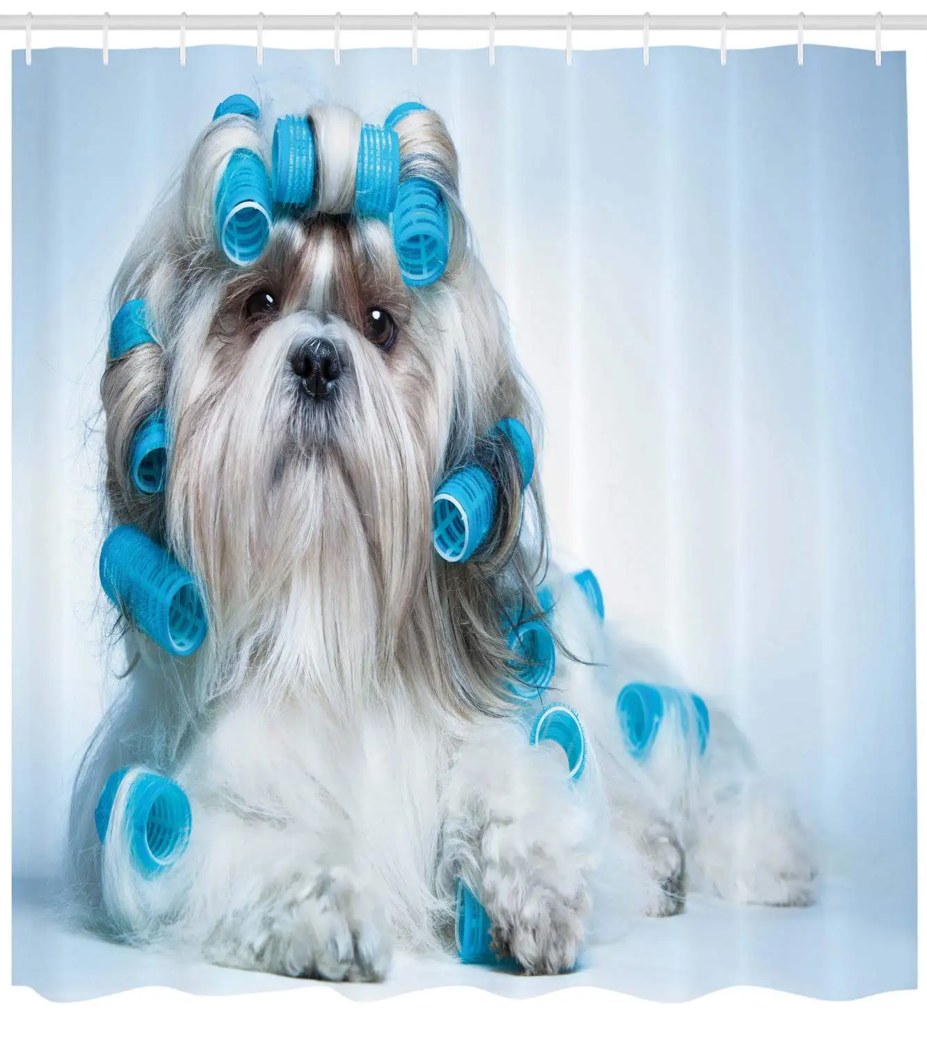 Dog Lover Shower Curtain Shih Tzu Dog Grooming Hairstyle Salon Front View Closeup Studio Shot Cloth Fabric Bathroom Decor Set