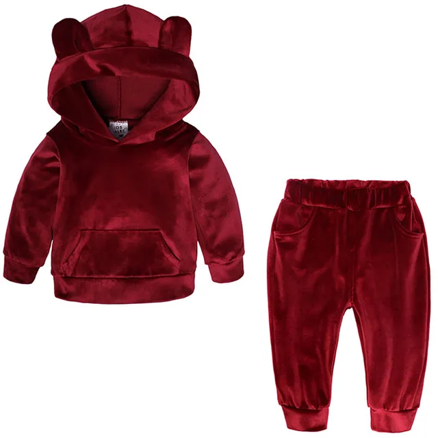 US $9.26 Baby Boys Girls Velvet Hooded Clothing Set Kids Jacket Coat Pants Suit for Sports Suits Tracksuits 