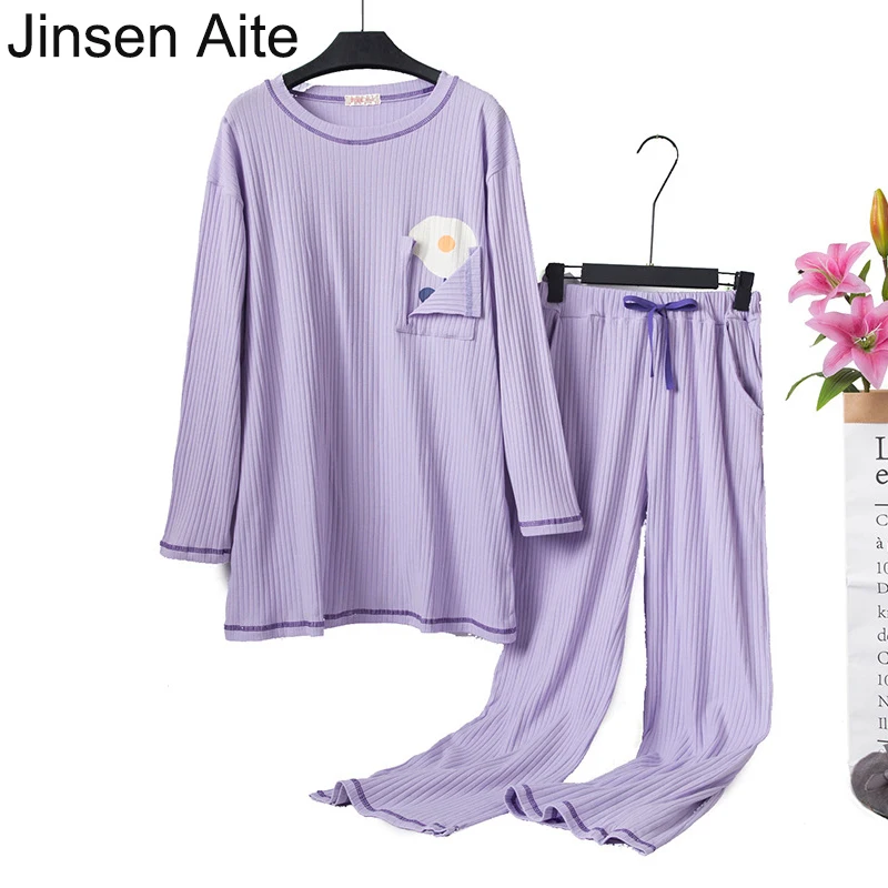

Jinsen Aite Knitting Long Sleeve Pajamas Sets Women's Autumn Sleepwear Pyjama Loose Casual Cotton Large Size Home Clothes JS836