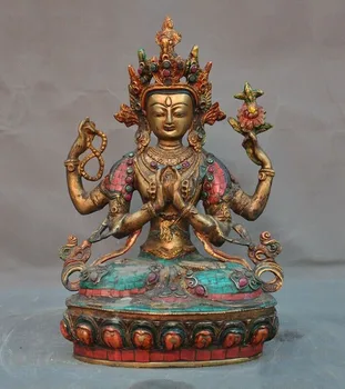 

wedding decoration 13"Bronze Gilt Inlay turquoise gem 4 Arms Chenrezig tara Kwan-Yin Buddha statue