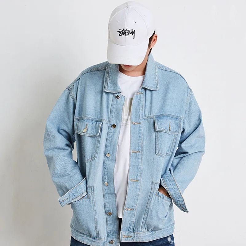 

Men's Denim Jacket 2020 New Trend Light Blue Tooling Loose Denim Jacket Men's Long Sleeve Jacket More Size S-XXL