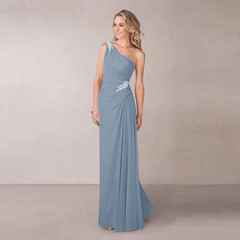 

2020 New Arrival Dusty Blue Chiffon One Shoulder Mother of the Bride Dresses Sleeveless Applique Pleated Wedding Party Gowns