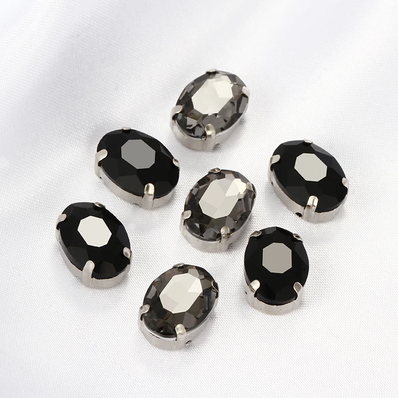 

Fashion Black Diamond Oval Sew on Stone Glass Strass Crystal Rhinestones Flat Back Hollow Copper Claws Sew on Clothes Handicraft