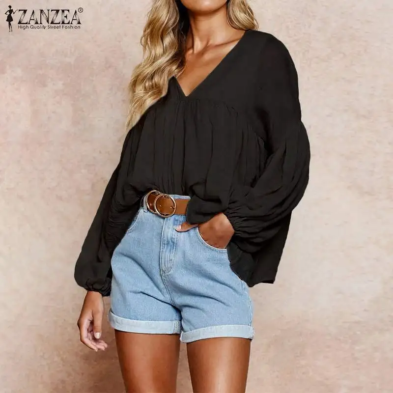 

Women's Lantern Sleeve Shirts 2019 ZANZEA Elegant Pleated Blouse Ladies V Neck Blusas Female Casual White Tops Oversized Tunic