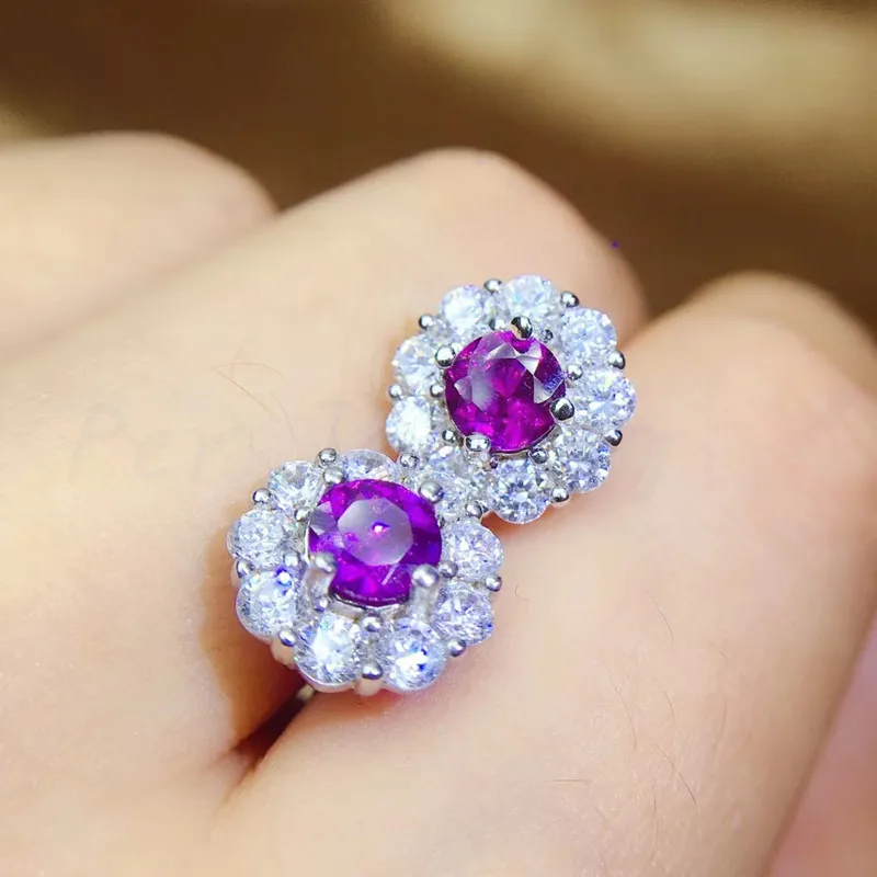 Натуральный настоящий аметист серьги-гвоздики 0.7ct* 2 шт драгоценный камень Серебро 925 пробы для мужчин или женщин# Q910182