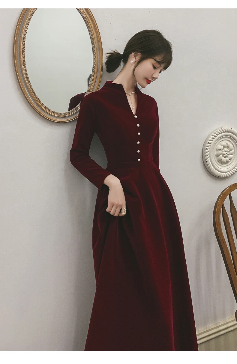 FDHAOLU FU75 Burgundy Velour Muslim Evening Gown V-Neck A-Line Floor Length Dress Long Sleeve Zipper Black Evening Dress black formal gown