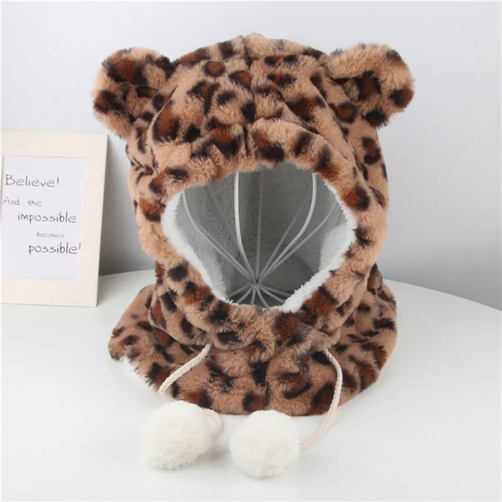 ARLONEET Baby Hat Girls Boys Cotton Scarf 2 In 1 Leopard Print Scarf Cartoon Ear Warm Cap Baby Beanie Caps Baby Winter Warm Hats