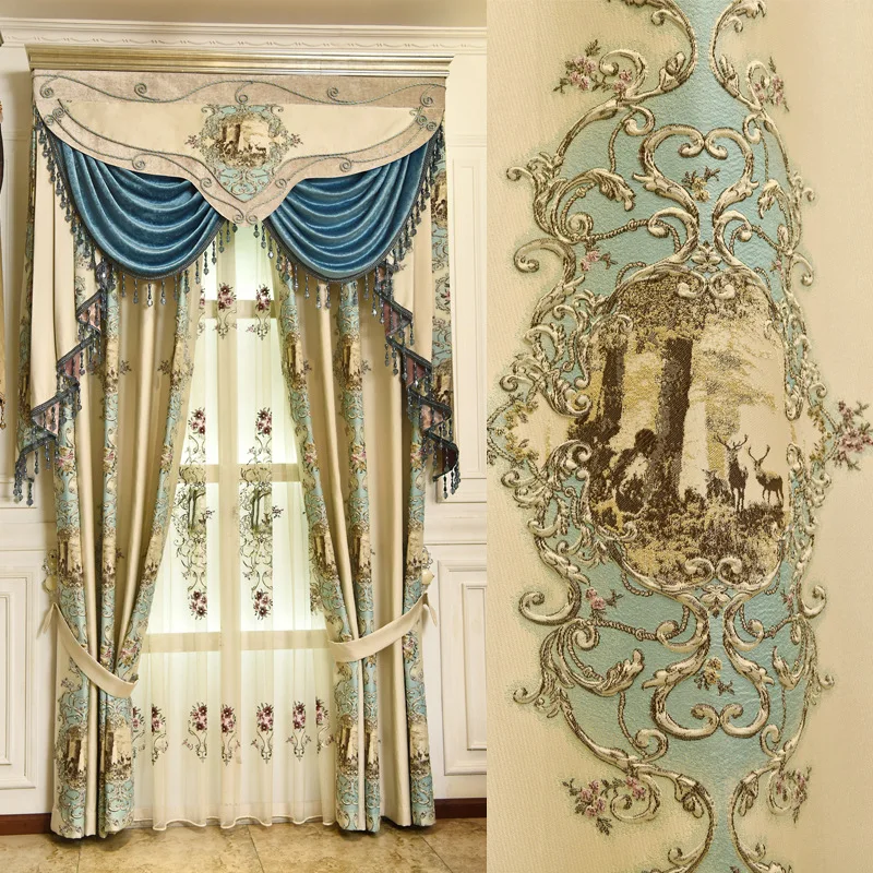 

European luxury jacquard 3D deer pattern curtains for living room embroidered high quality tulle for bedroom/hotel/kitchen
