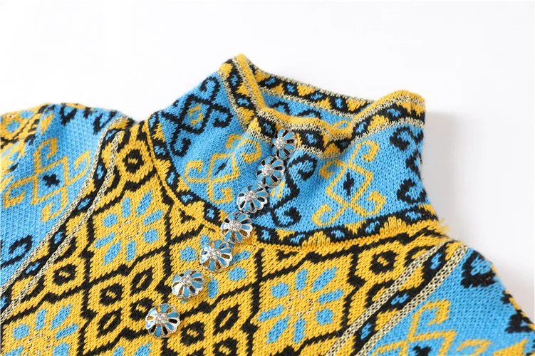 Winter Vintage Gold Line Pattern Jacquard Stand Collar Pullover Long Knit Sweater Dress Luxury Button Elegant Christmas