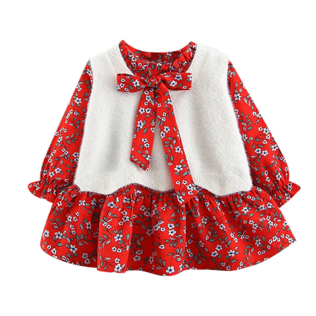 Winter Fashion Baby Girl Dress Long Sleeve Plaid Dot Print Splice Bow Princess Dress Clothes vestido bebe فساتين اطفال Z4