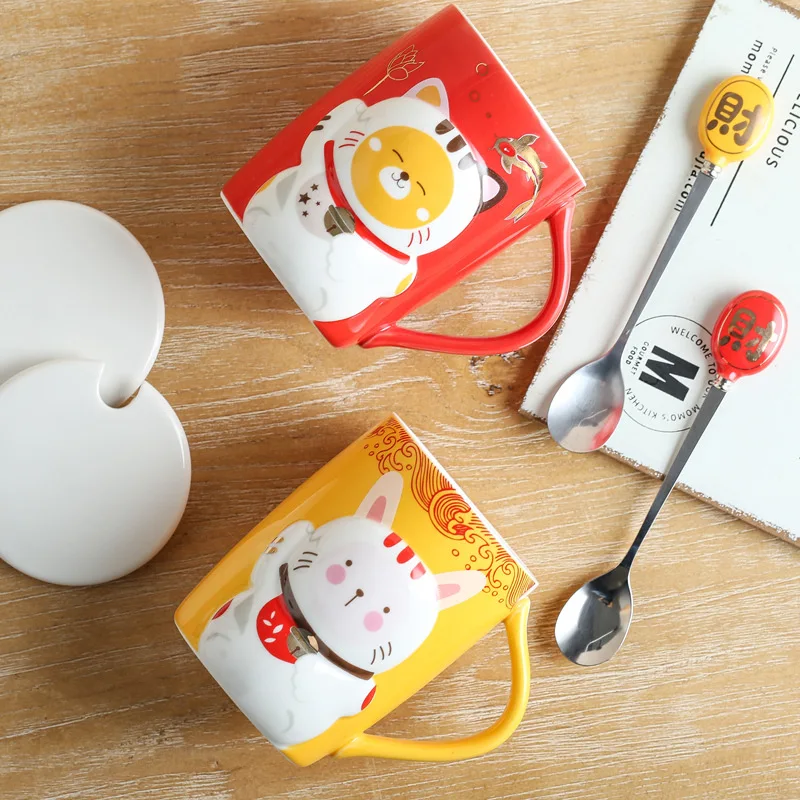 Японский рельеф Lucky Cat керамическая чашка с крышкой Ложка высокая термостойкость мультфильм молоко кофе чай чашка для детей пары