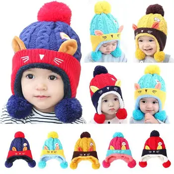 

Cute Cat Woolen Yarn Knit Kids Pompom Hat Cap with Earflap Outdoor Head Warmer