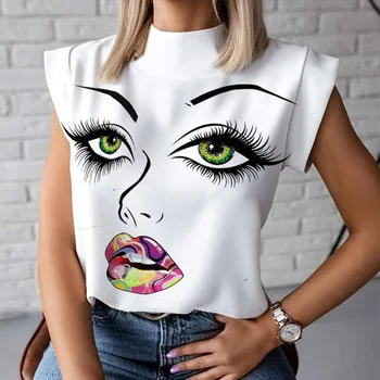 

Sleeveless Printed Lips T-shirts Women Stand Neck Casual Loose Ladies T-shirts 2020 Summer Fashion White Female Tops Streetwear