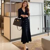 Black Korean Single-breasted Long Dress Women Long Sleeve V-neck Mermaid Dresses Elegant Fashion Ladies Vestidos Femme 2022 ► Photo 3/6