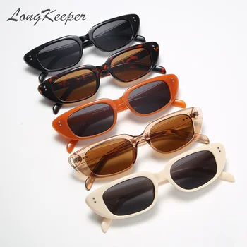 

LongKeeper Vintage Rectangle Sunglasses Women Cat Eye Narrow Ladies Small Rivet Black Leopard Sun Glasses Retro oculos feminino